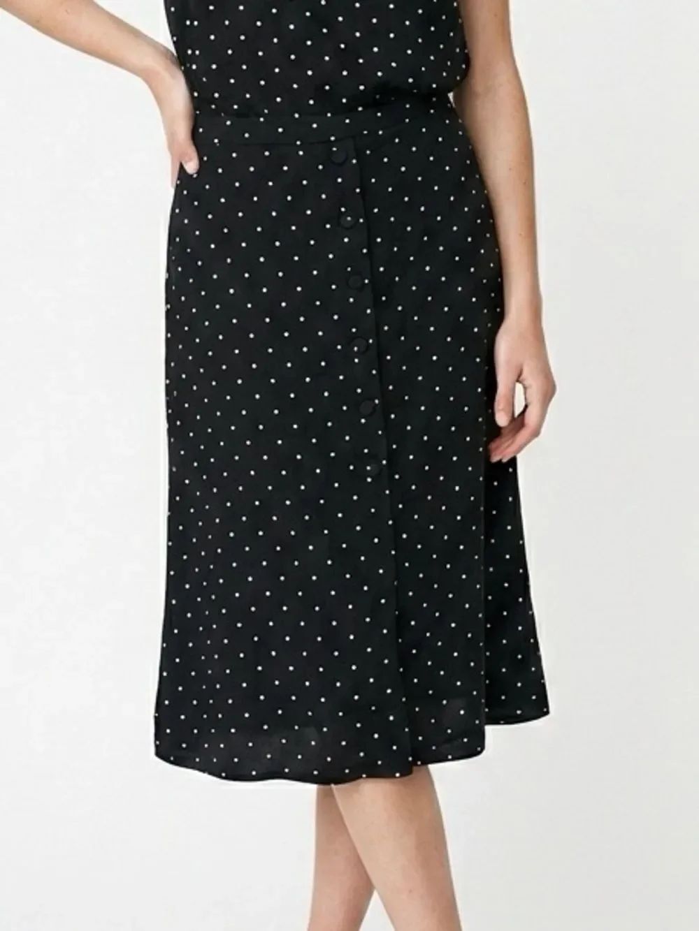 RACHEL ZOE | Polkadot Print Button Front Midi Skirt Black White Women’s Size